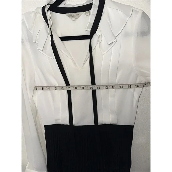 Ted Baker Women's Pleated Tie Neck Mini Dress - Ivory/Cream - Size 1 Long Sleeve